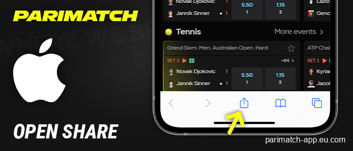 Tap the Share button for the Parimatch app in iOS