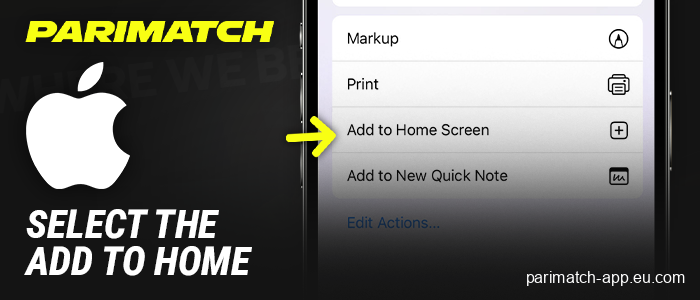 Select “Add To Home Screen” for the Parimatch app on iOS